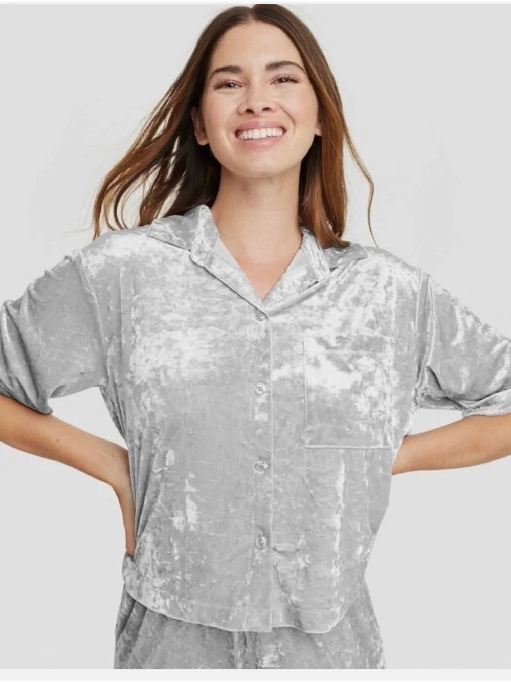 Target Silver Crushed Velvet Short Sleeve Pajama Top - Picture 1 of 5